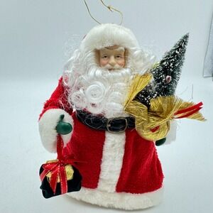 Vintage Santa Claus Christmas Figure Ornament Tree Topper Red Suit Gold Trim 9"